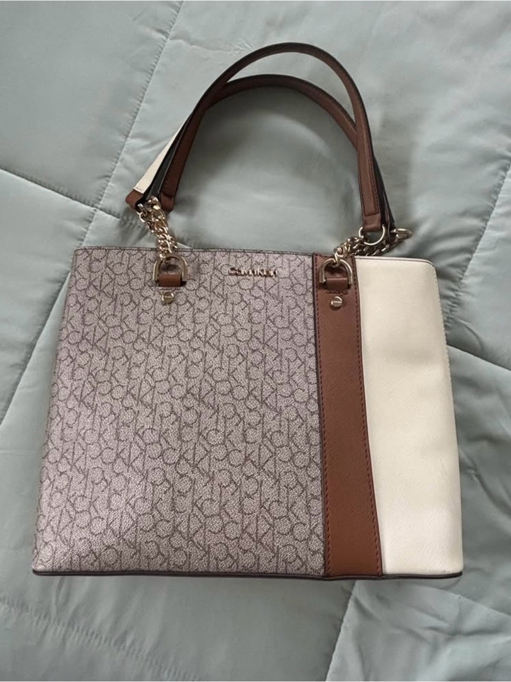 Calvin Klein Monogram Canvas Tote with Cream & Brown Panels